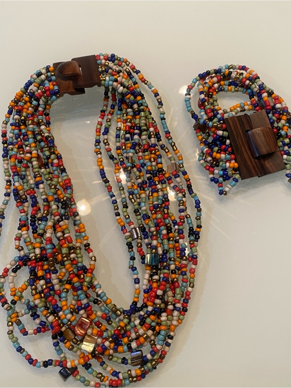 EUC Multi-Strand Seed Bead Necklace & Bracelet Set, Colorful, Wood Accents